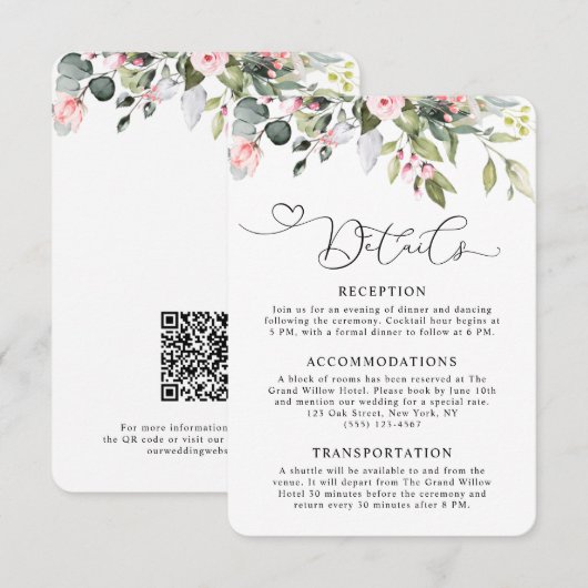 Elegant Floral Eucalyptus Greenery QR Code Wedding エンクロージャーカード (正面/裏面)