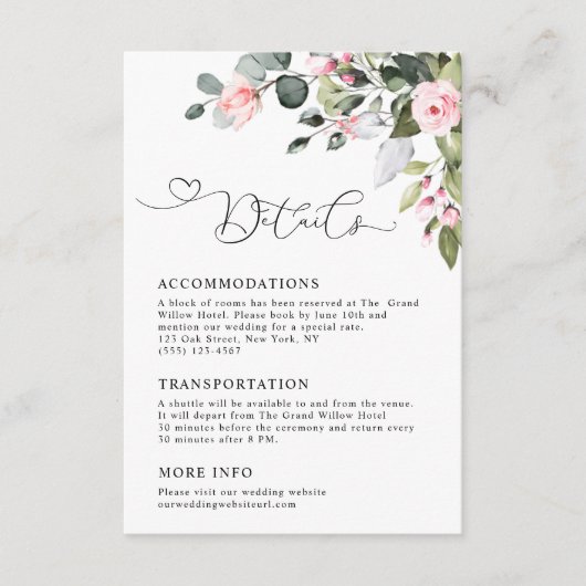 Elegant Floral Eucalyptus Greenery Wedding Details エンクロージャーカード (正面)