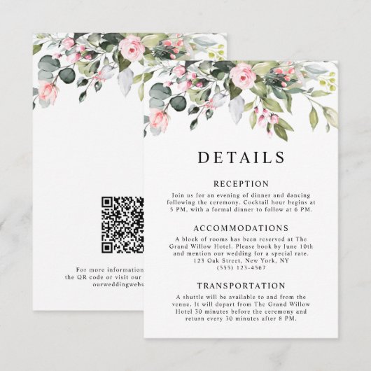  Elegant Floral Eucalyptus Leaves QR Code Wedding エンクロージャーカード (正面/裏面)