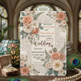 Elegant Floral Faux Embossed Wedding Invitation 招待状