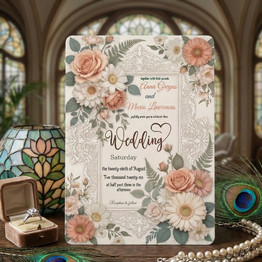 Elegant Floral Faux Embossed Wedding Invitation 招待状