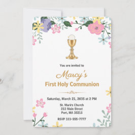 Elegant Floral First Holy Communion Photo  招待状