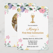 Elegant Floral First Holy Communion Photo  招待状 (正面/裏面)