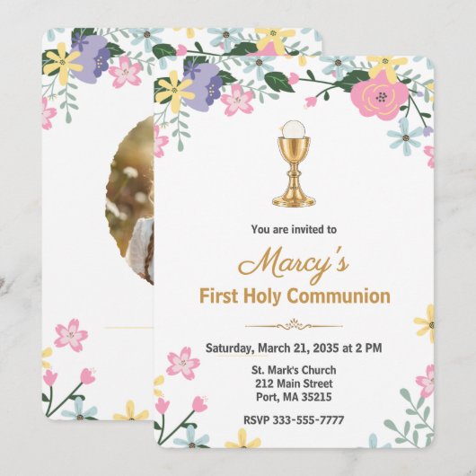 Elegant Floral First Holy Communion Photo  招待状 (正面/裏面)
