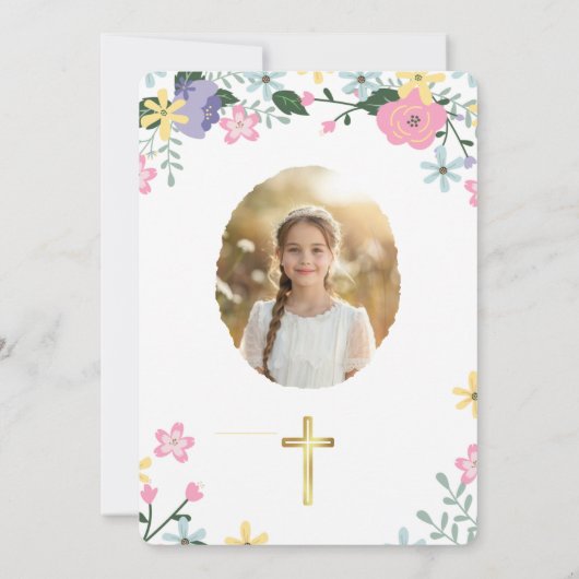 Elegant Floral First Holy Communion Photo  招待状 (裏面)