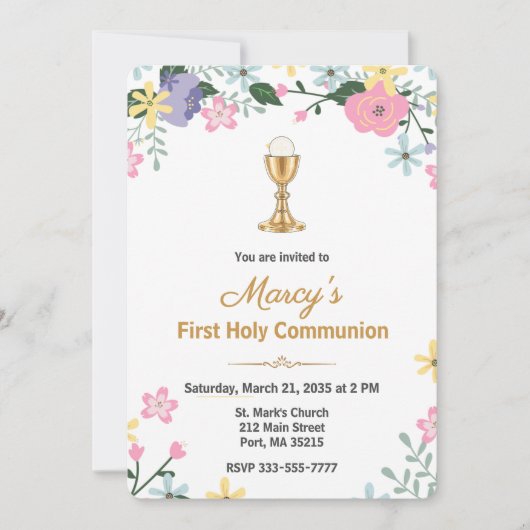Elegant Floral First Holy Communion Photo 招待状 (正面)