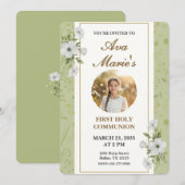 Elegant Floral First Holy Communion Photo Keepsake 招待状 (正面/裏面)