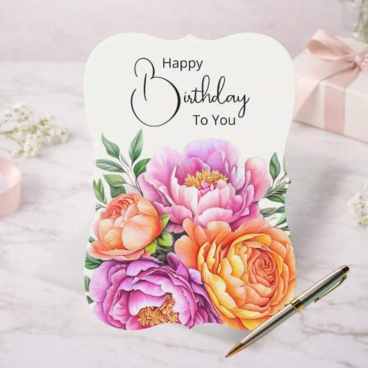 Elegant Floral Flat Happy Birthday Card | Peonies シーズンカード
