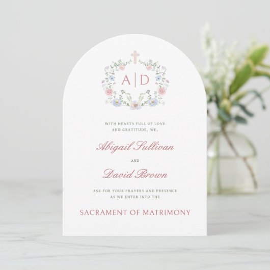 Elegant Floral Frame Monograms Catholic Wedding 招待状 (スタンド正面)