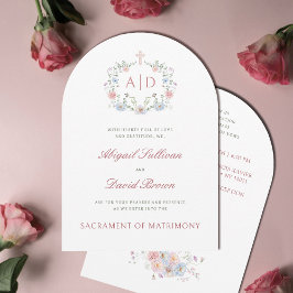Elegant Floral Frame Monograms Catholic Wedding 招待状