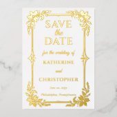 Elegant Floral Frame Photo Wedding Save the Date 箔招待状 (正面)