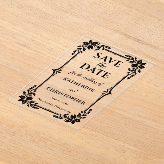 Elegant Floral Frame Wedding Save the Date アクリル招待状 (レイダウン)