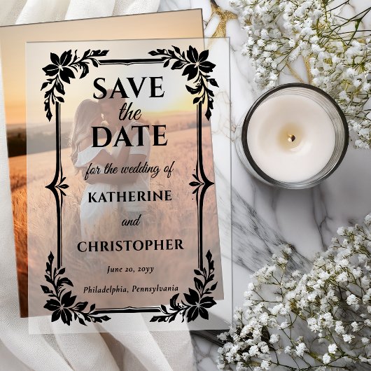 Elegant Floral Frame Wedding Save the Date ベラム紙招待状