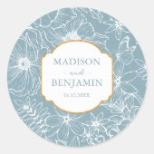 Elegant Floral Garden Gold Dusty Blue Wedding ラウンドシール (正面)