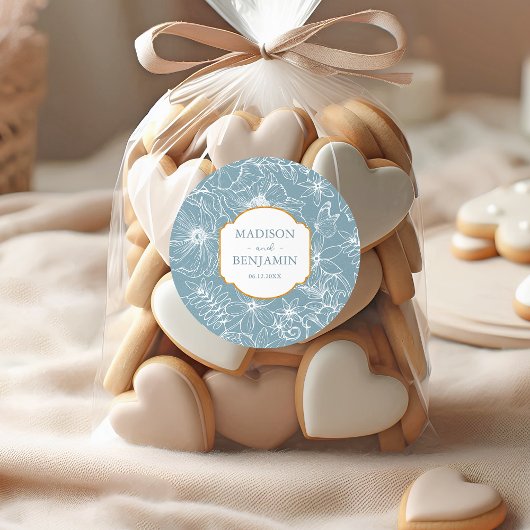 Elegant Floral Garden Gold Dusty Blue Wedding ラウンドシール