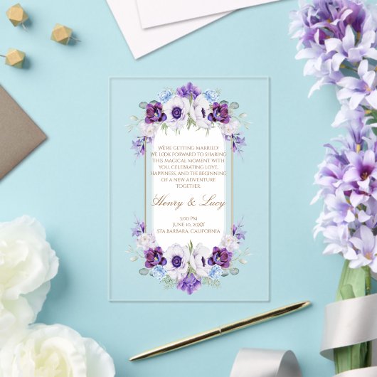 Elegant Floral Garden Oval Frame Blue Lilac Gold アクリル招待状 (インサイチュ (ウェディング))