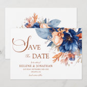 Elegant Floral Garden Terracotta Navy Blue Wedding セーブザデート (正面/裏面)