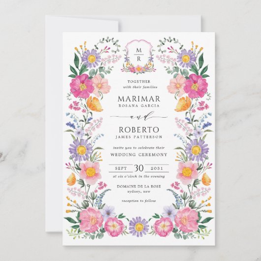 Elegant Floral Garden Wedding Monogram Crest 招待状 (正面)