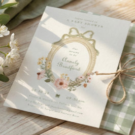 Elegant Floral Girl Sage Bow Framed Baby Shower 招待状