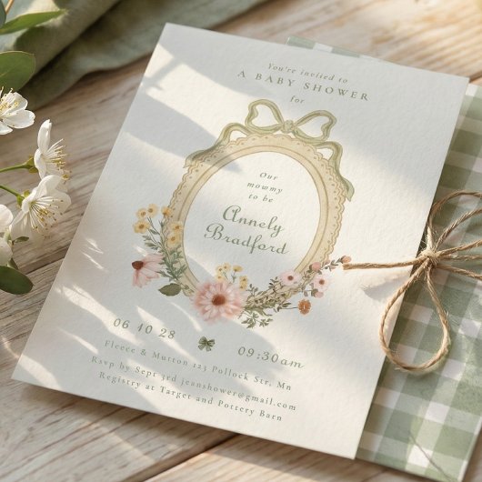 Elegant Floral Girl Sage Bow Framed Baby Shower 招待状