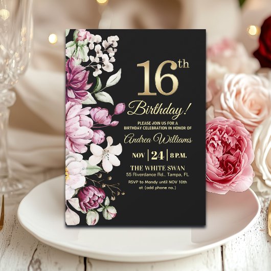 Elegant Floral Gold 16 Birthday Party 招待状