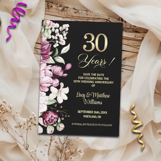 Elegant Floral Gold 30th Wedding Anniversary   セーブザデート