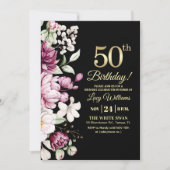 Elegant Floral Gold 50 Birthday Photo 招待状 (正面)
