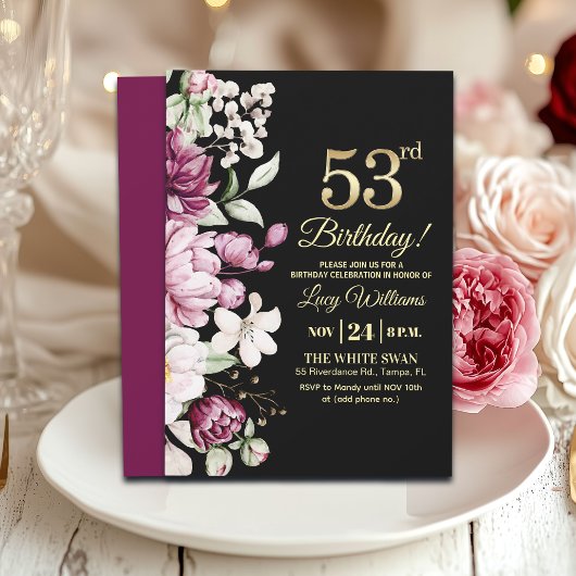 Elegant Floral Gold 53 Birthday Party 招待状