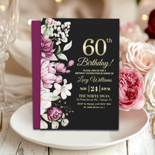 Elegant Floral Gold 60 Birthday Party 招待状