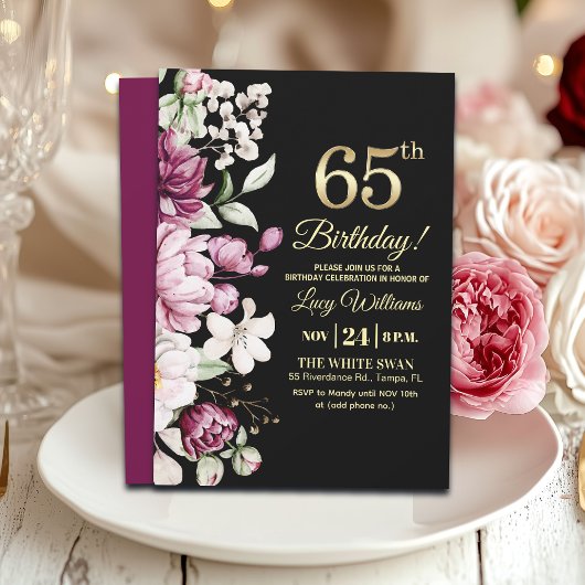 Elegant Floral Gold 65 Birthday Party 招待状