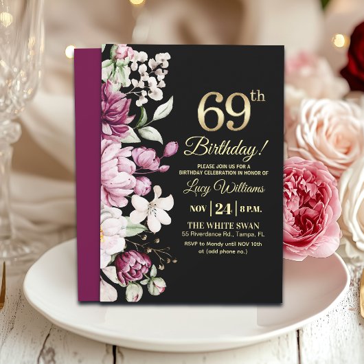 Elegant Floral Gold 69 Birthday Party 招待状