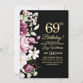 Elegant Floral Gold 69 Birthday Photo 招待状 (正面)