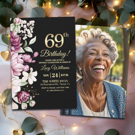 Elegant Floral Gold 69 Birthday Photo 招待状