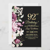 Elegant Floral Gold 92 Birthday Photo 招待状 (正面)