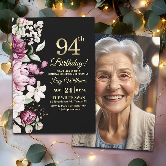 Elegant Floral Gold 94 Birthday Photo 招待状