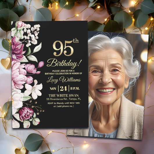 Elegant Floral Gold 95 Birthday Photo 招待状