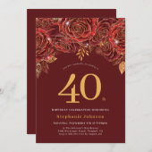 Elegant Floral Gold Burgundy 40th Birthday 招待状 (正面/裏面)