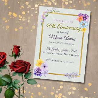 Elegant Floral Gold Frame 40th Birthday Invitation 招待状