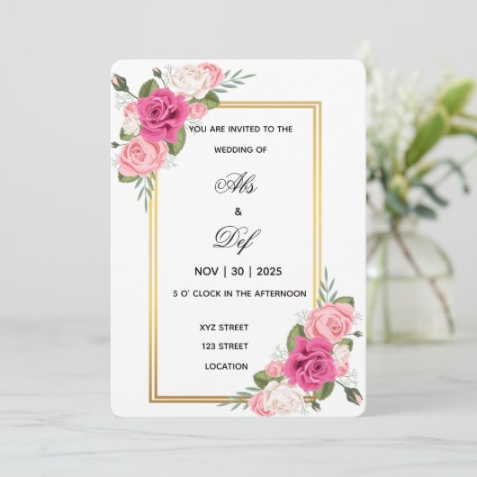 Elegant Floral Gold Frame Wedding Invitation  招待状 (スタンド正面)