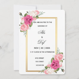 Elegant Floral Gold Frame Wedding Invitation 招待状