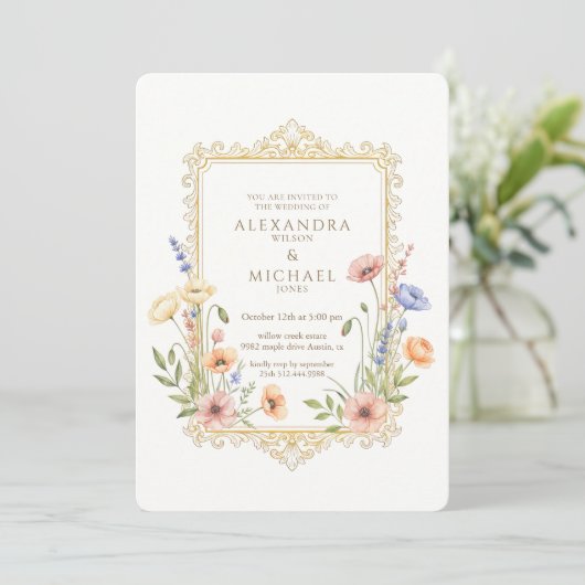 Elegant Floral Gold Frame Wedding Invitation 招待状 (スタンド正面)