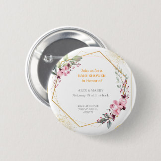 Elegant Floral Gold Geometric Baby Shower Invitati 缶バッジ