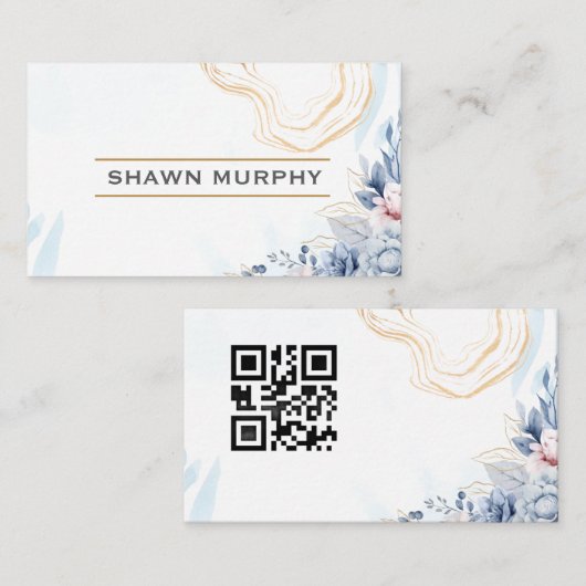 Elegant Floral Gold Line QR Code Business Card 名刺 (正面/裏面)