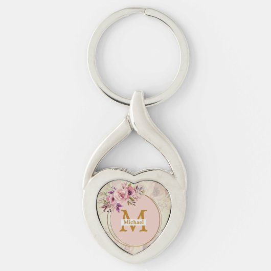 Elegant Floral Gold Monogram Heart, Name & Initial キーホルダー (正面)