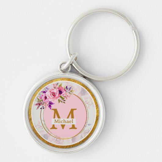 Elegant Floral Gold Monogram | Name & Initial キーホルダー (正面)