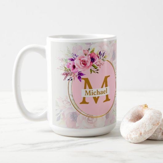 Elegant Floral Gold Monogram | Name & Initial コーヒーマグカップ (ドーナツ)