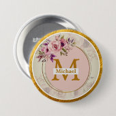 Elegant Floral Gold Monogram | Name & Initial 缶バッジ (正面&裏面)