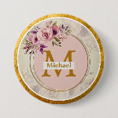 Elegant Floral Gold Monogram | Name & Initial 缶バッジ (正面)