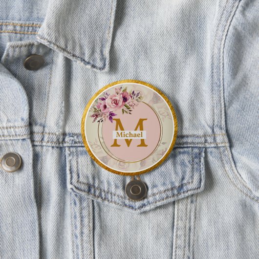 Elegant Floral Gold Monogram | Name & Initial 缶バッジ (インサイチュ)