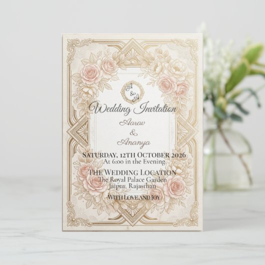 Elegant Floral Gold Wedding Invitation | Editable 招待状 (スタンド正面)